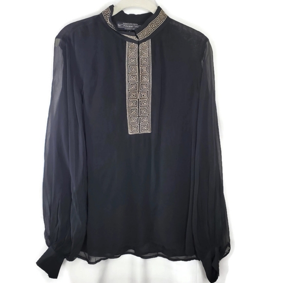 The J. Peterman Company Embroidered Kurta Top Black Blouse Semi-sheer Size Small - Picture 1 of 10